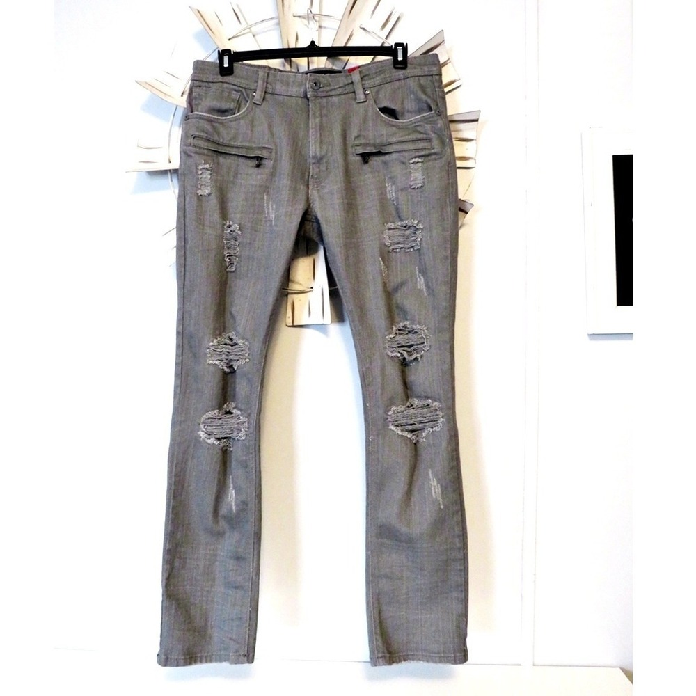 Makobi Men's Distressed Gray Jeans 36x32 Straight Moto Streetwear Denim